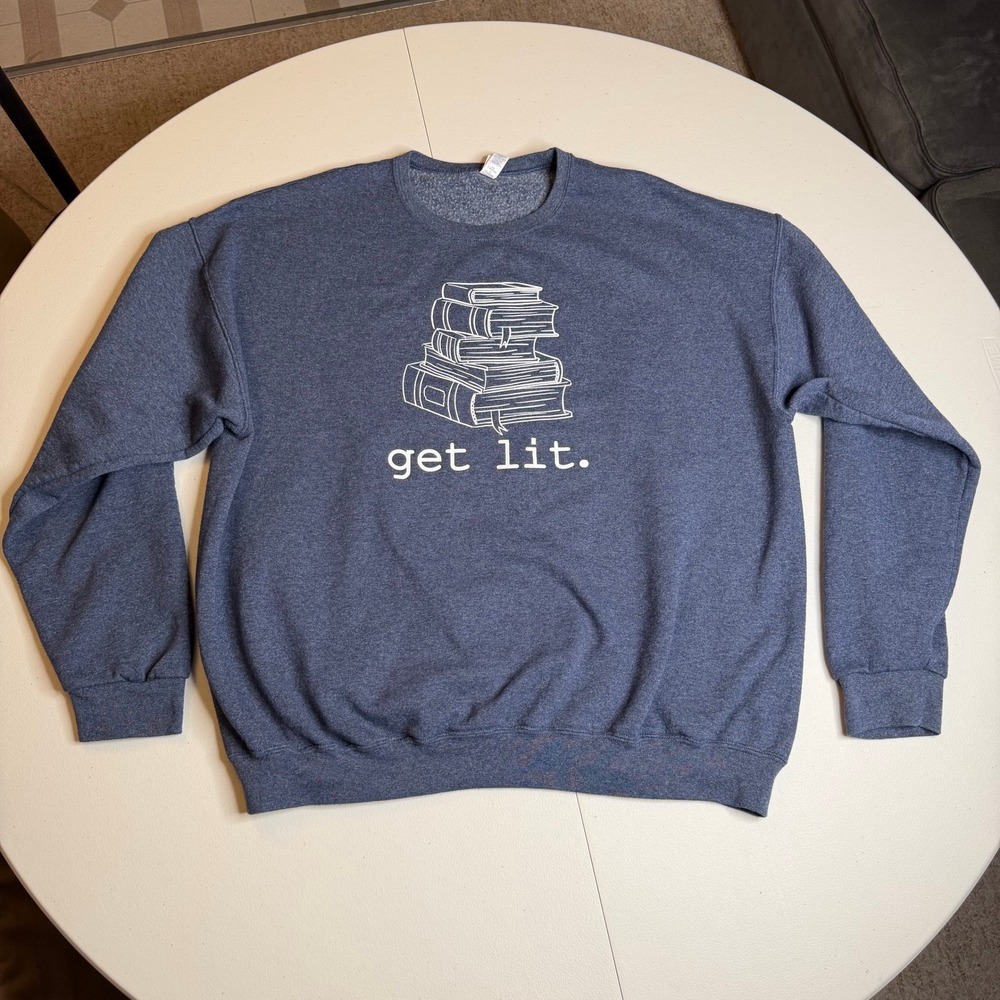 Jerzees Get Lit Book Stack Sweatshirt Mens 2XL Blue Heatherโ NuBlend Crewneck